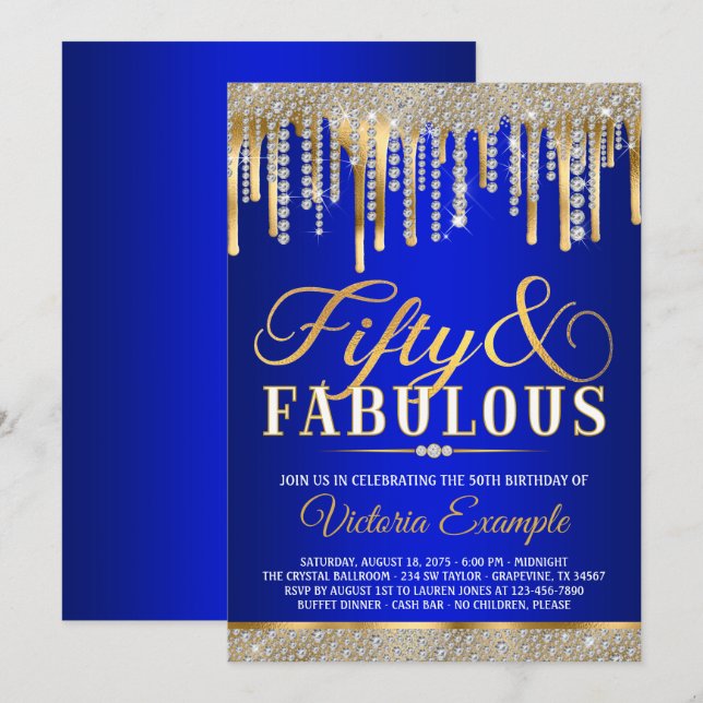 Blue Gold Diamond Drip Fabulous 50 Birthday Party Invitation (Front/Back)