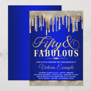 Blue Gold Diamond Drip Fabulous 50 Birthday Party Invitation