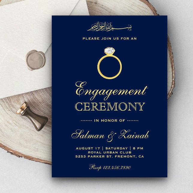 Blue Gold Diamond Ring Islamic Muslim Engagement Invitation (Creator Uploaded)