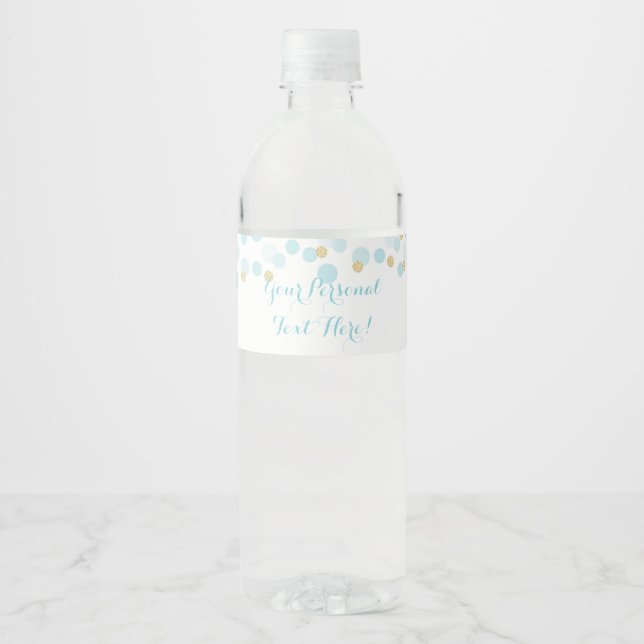 Blue Gold Dots Baby Shower Water Bottle Label (Front)