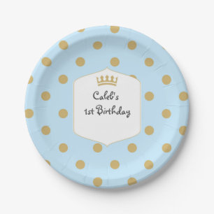Blue & Gold Dots Royal Crown Prince Party Plates