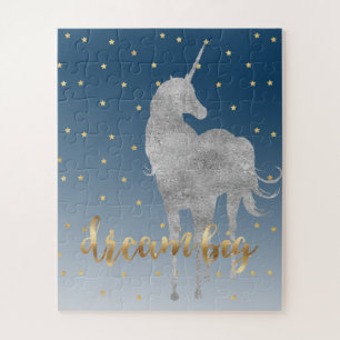 Blue Gold Dream Stars Unicorn Jigsaw Puzzle
