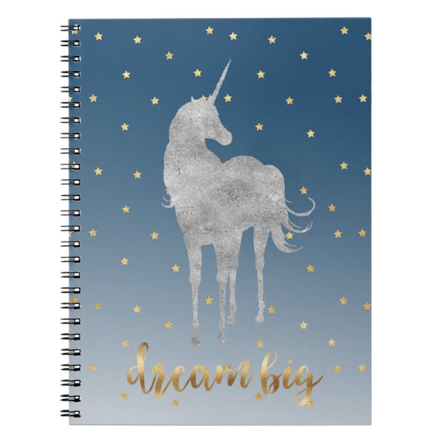 Blue Gold Dream Stars Unicorn Notebook (Front)