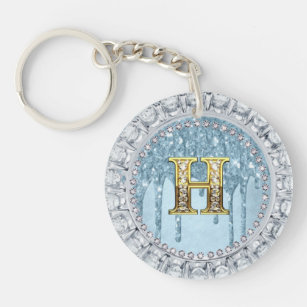 Blue Gold Dripping Diamonds Gold H Monogram gift   Key Ring