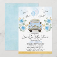 Blue Gold Drive By Baby Shower Greenery Retro Car