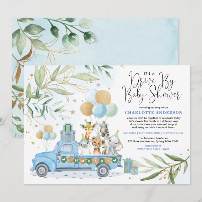 Blue Gold Drive By Safari Animals Boy Baby Shower Invitation (Front/Back)