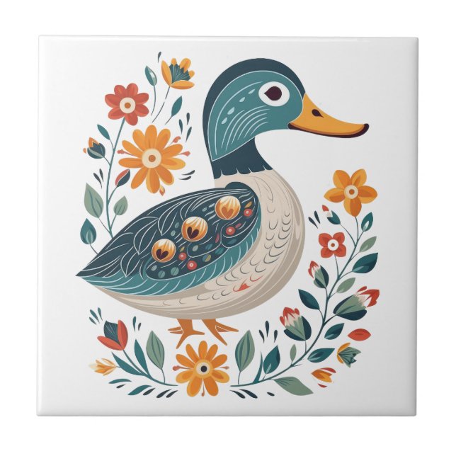 Blue Gold Duck Scandinavian Folk Art Tile (Front)