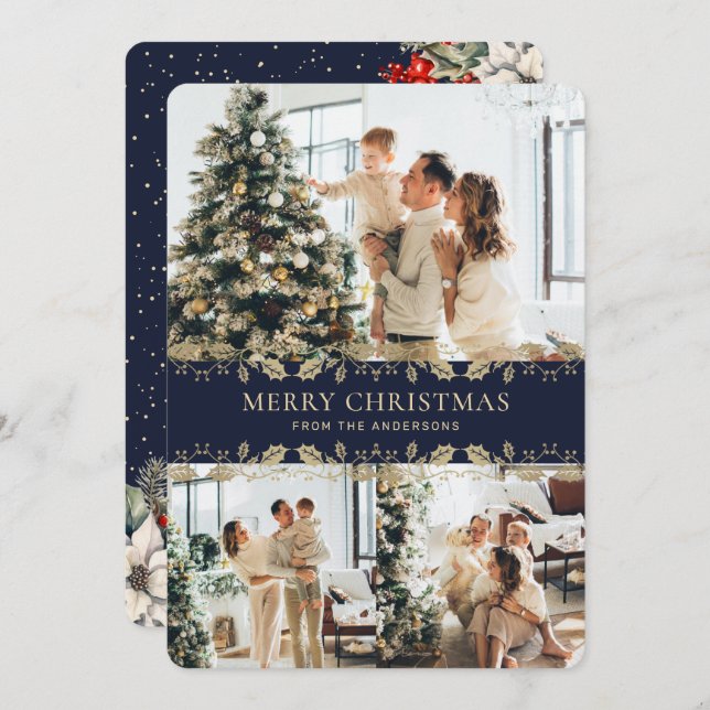 Blue Gold Elegant Botanical Photo Christmas Card (Front/Back)