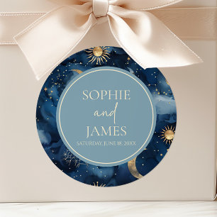 Blue Gold Elegant Celestial Starry Sky Wedding Classic Round Sticker