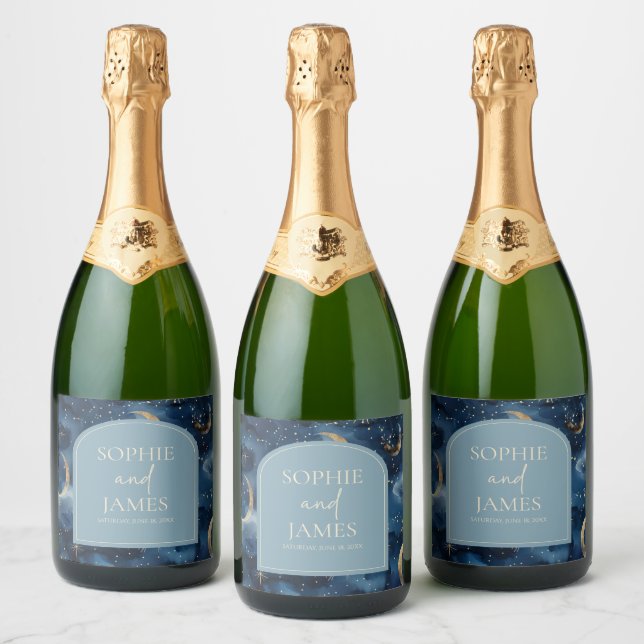 Blue Gold Elegant Celestial Starry Sky Wedding Sparkling Wine Label (Bottles)