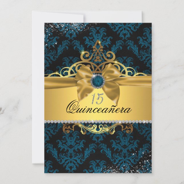 Blue Gold Elegant Damask Quinceanera Invite (Front)