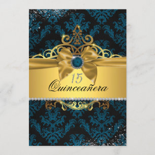 Blue Gold Elegant Damask Quinceanera Invite