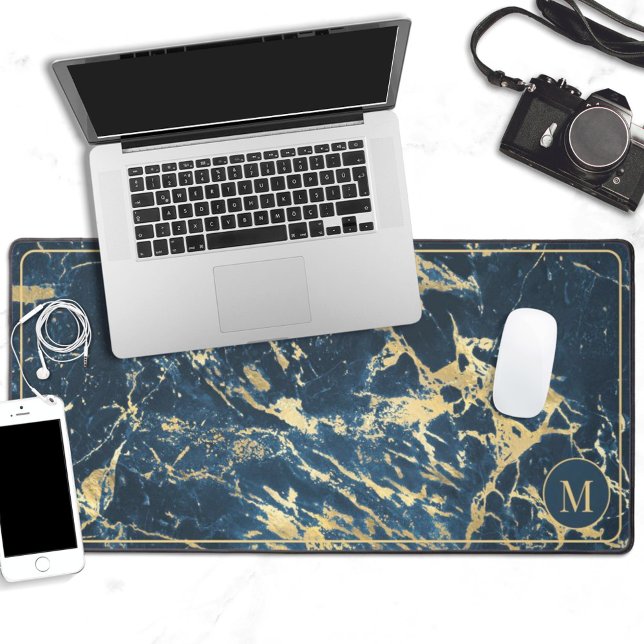 Blue & gold elegant marble monogram desk mat (Creator Uploaded)