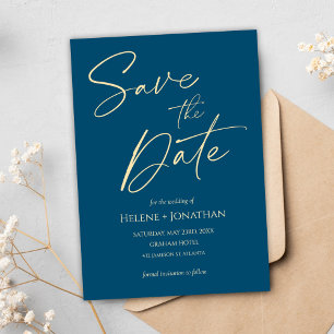 Blue Gold Elegant Minimalist Wedding Save The Date Invitation