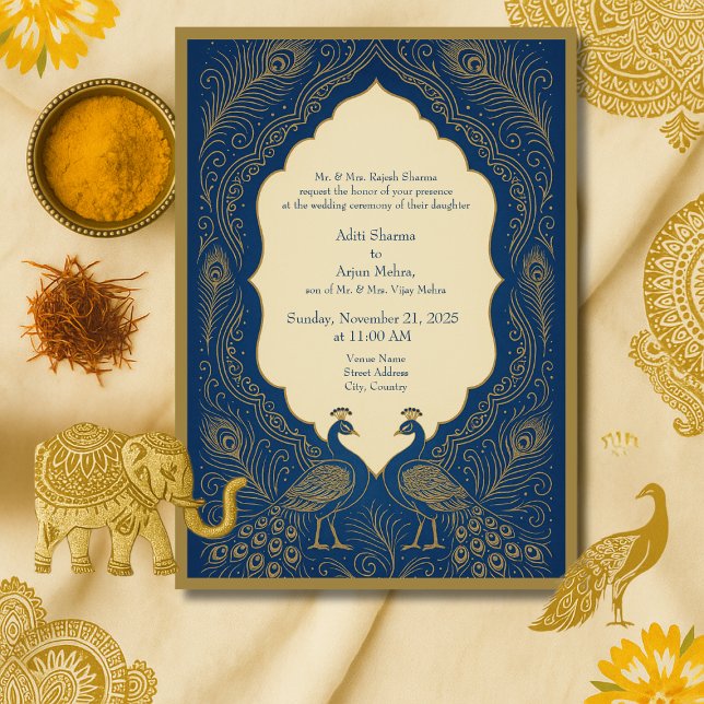 blue gold Elegant Peacock Hindu Wedding Invitation (Creator Uploaded)