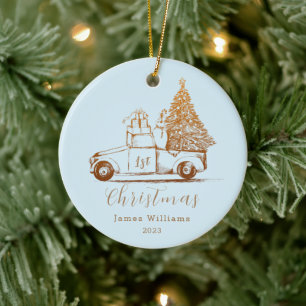 Blue Gold Elegant Photo Baby's First Christmas Ceramic Tree Decoration