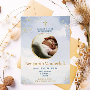 Blue Gold Elegant Photo Baptism With Poem Invitation