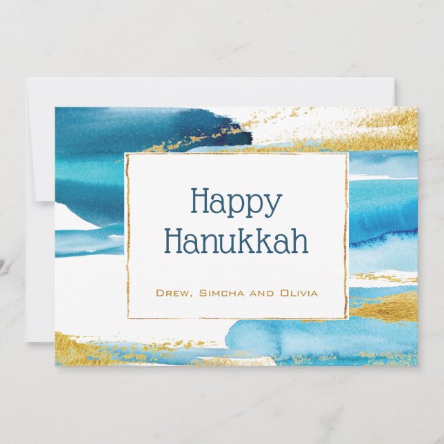 Blue Gold Elegant Watecolor Hanukkah Holiday Card (Front)