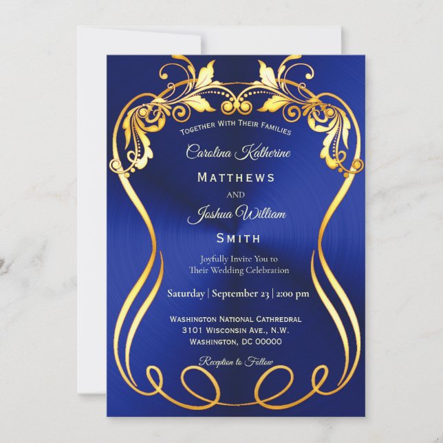 Blue Gold Elegant Wedding Invitation (Front)
