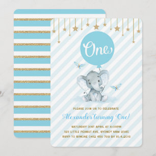 Blue Gold Elephant 1st First Birthday Twinkle Star Invitation