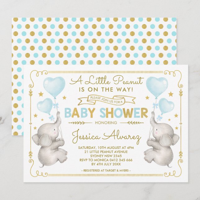 Blue Gold Elephant Baby Shower Boy Jungle Invite (Front/Back)