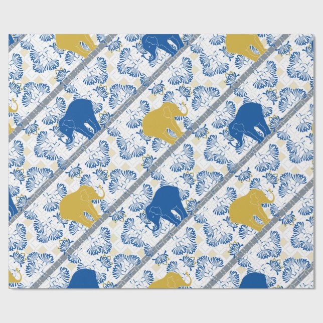 Blue Gold Elephant Floral Safari Jungle Pattern Wrapping Paper (Flat)