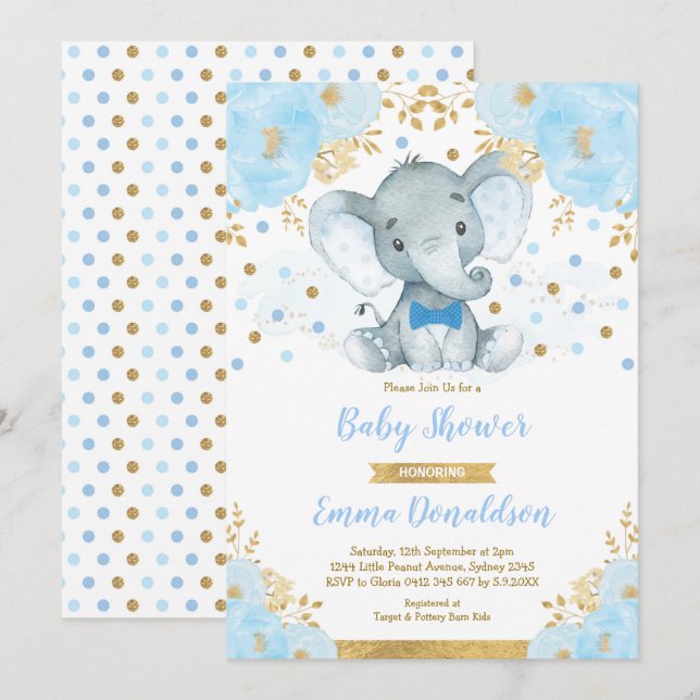 Blue Gold Elephant Little Man Baby Shower Invitation (Front/Back)