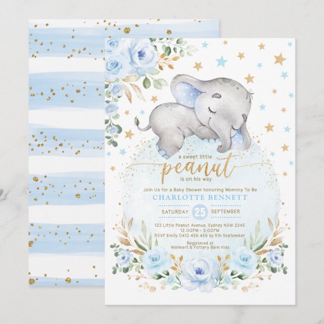 Blue Gold Elephant Moon Stars Boy Baby Shower Invitation (Front/Back)