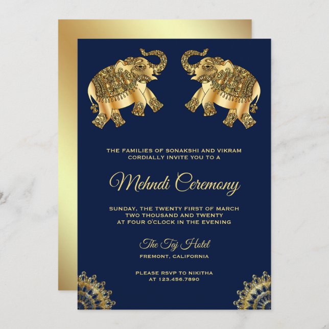 Blue Gold Elephants Indian Henna Mehndi Ceremony Invitation (Front/Back)