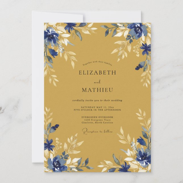 Blue Gold Ethereal Flourish Wedding Invitation (Front)