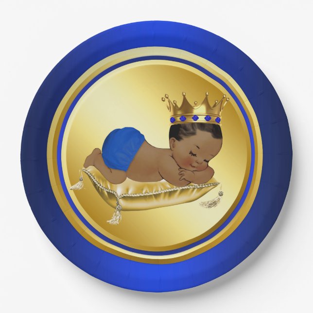 Blue Gold Ethnic Prince Baby Shower Paper Plates (Front)