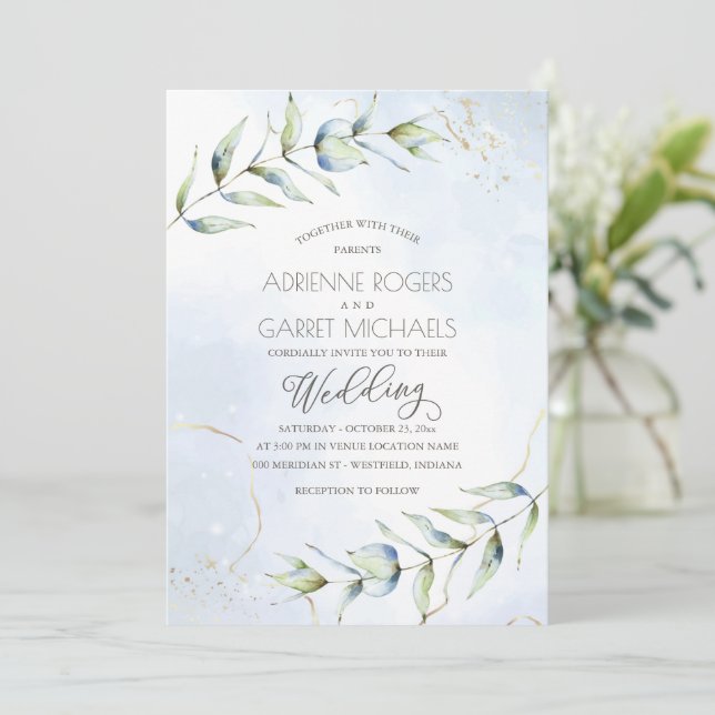 Blue & Gold Eucalyptus Watercolor Wedding Invitation (Standing Front)