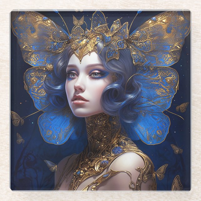 Blue Gold Fairy Fantasy Art Glass Coaster (Front)