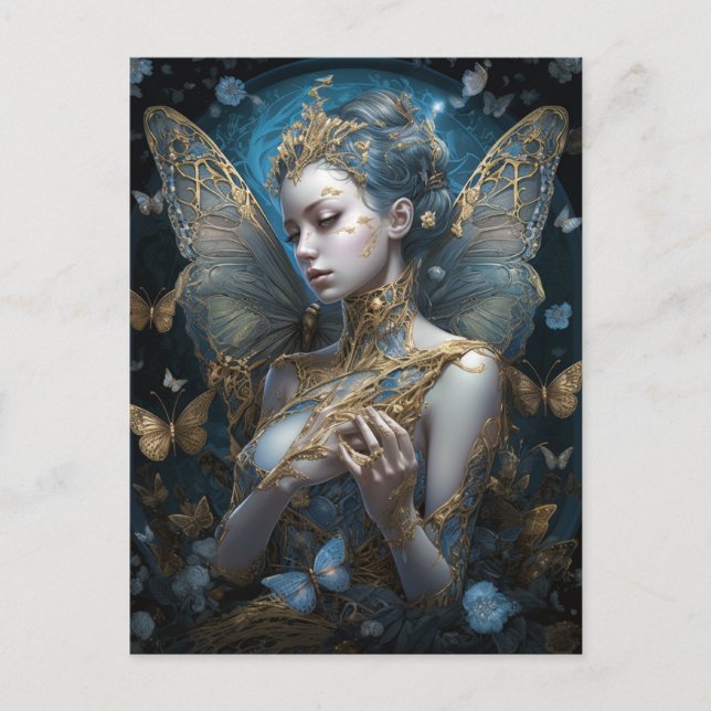 Blue Gold Fairy Fantasy Art Postcard (Front)