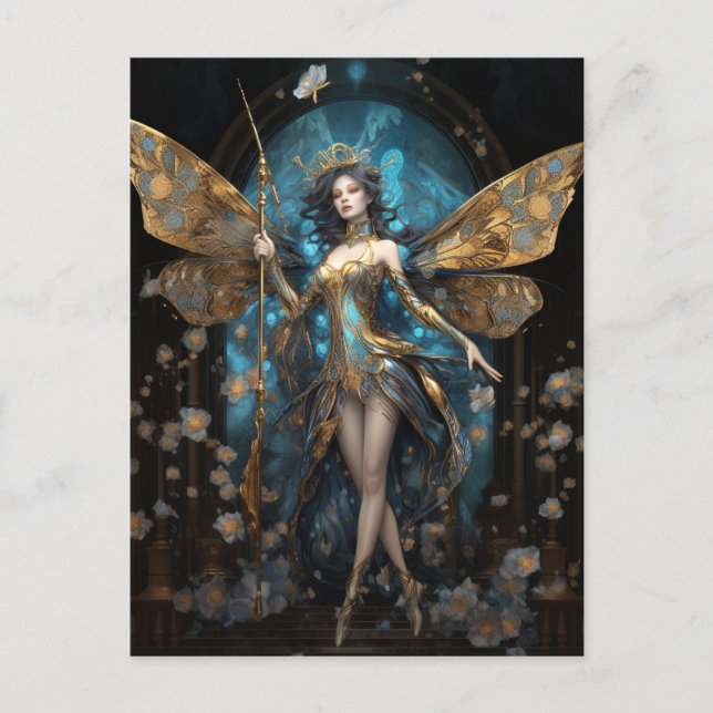 Blue Gold Fairy Fantasy Art Postcard (Front)