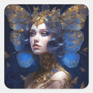 Blue Gold Fairy Fantasy Art Square Sticker