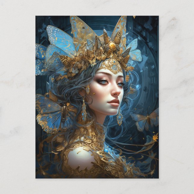Blue Gold Fairy Queen Fantasy Art Postcard (Front)