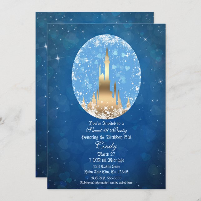 Blue Gold Fairy Tale Castle Sparkle Sweet 16 Invitation (Front/Back)