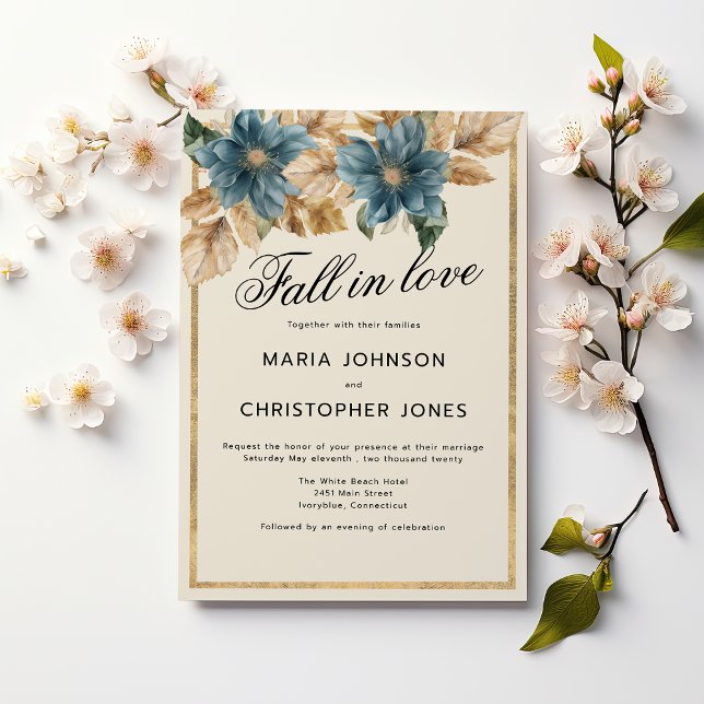 Blue gold fall spring floral Fall in Love Wedding  Invitation (Blue gold fall spring floral Fall in Love Wedding )