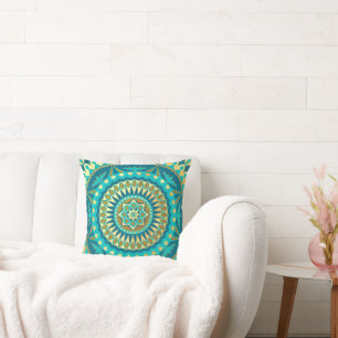 Blue Gold Fantasy Mandala Cushion