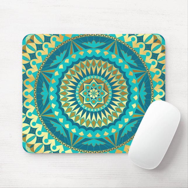 Blue Gold Fantasy Mandala Mouse Mat (With Mouse)
