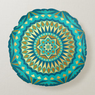 Blue Gold Fantasy Mandala Round Cushion