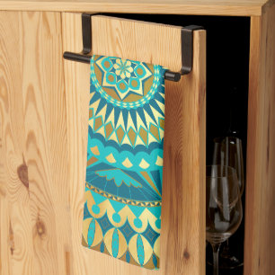 Blue Gold Fantasy Mandala Tea Towel