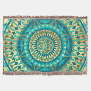 Blue Gold Fantasy Mandala Throw Blanket