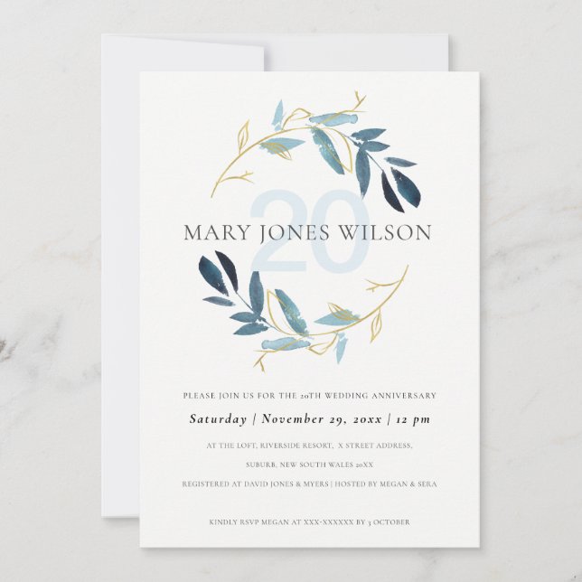 BLUE GOLD FAUNA WREATH ANY YEAR ANNIVERSARY CARD (Front)