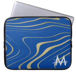 Blue Gold Faux Foil Swirls Monogrammed Laptop Sleeve