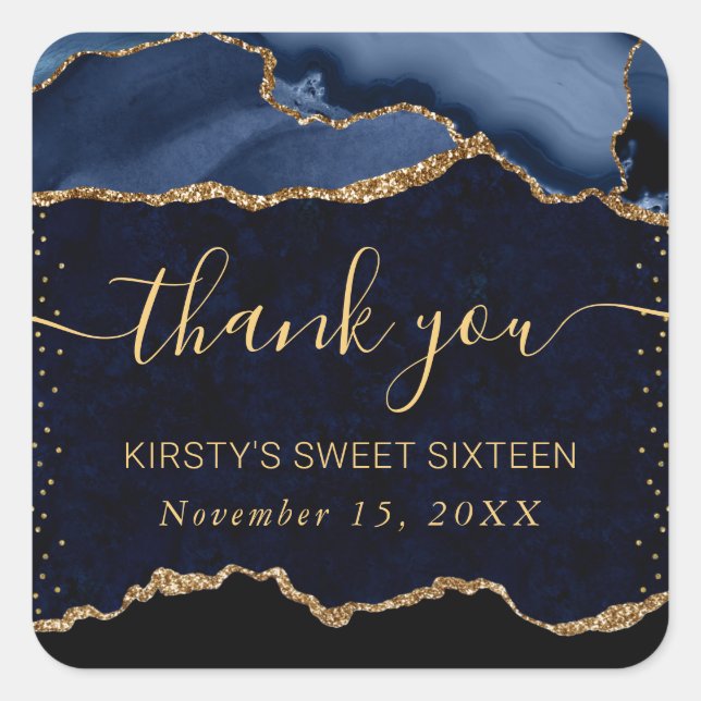 Blue  & Gold Faux Glitter Agate Marble Sweet 16 Square Sticker (Front)