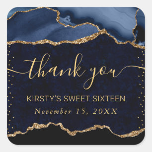 Blue & Gold Faux Glitter Agate Marble Sweet 16 Square Sticker
