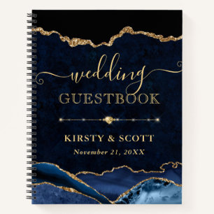 Blue & Gold Faux Glitter Agate Wedding Guest Book