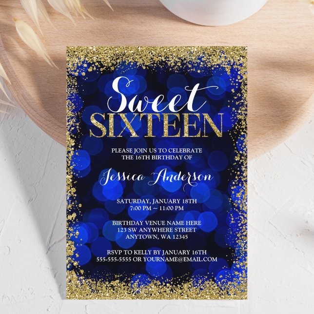 Blue Gold Faux Glitter Lights Sweet 16 Birthday Invitation (Creator Uploaded)